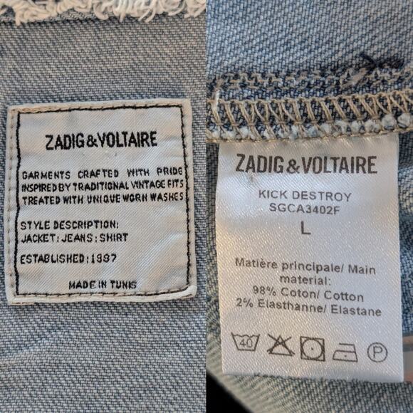 Zadig & Voltaire Kick Destroy Distressed Pocket Patchwork Blue Jean Denim Jacket - Picture 5 of 11